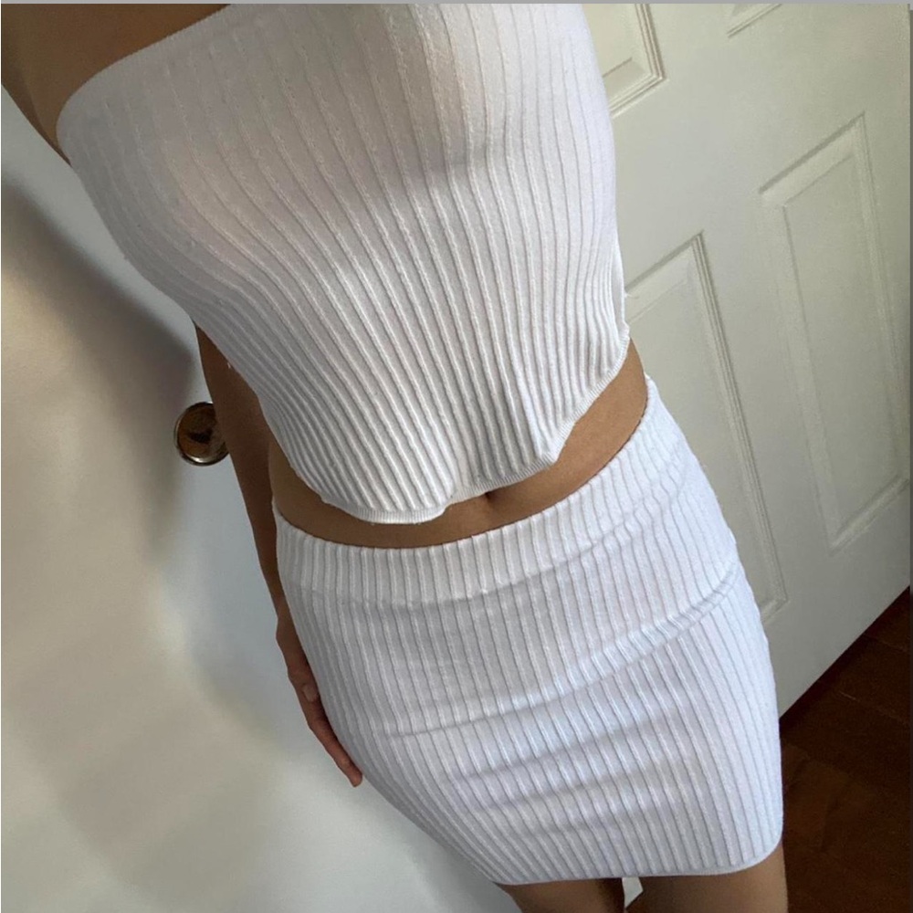 White Ribbed Tube Top and Skirt Set